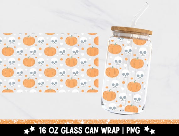 Skulls and Pumpkins 16oz Glass Can Wrap, Spooky Skeleton UV DTF Sublimation Design, Trendy Pumpkin Glass Jar Template Tumbler Libbey Wrap