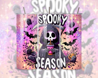 Spooky Season Tumbler Wrap, schattig skelet PNG, Halloween 20oz Tumbler sublimatie ontwerp, Magere Hein Tumbler PNG-bestand, Goth Coffee clipart