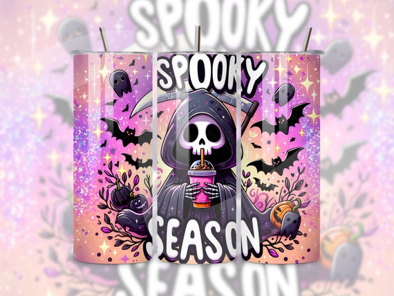 Spooky Season Tumbler Wrap, Cute Skeleton PNG, Halloween 20oz Tumbler Sublimation Design, Grim Reaper Tumbler PNG File, Goth Coffee Clipart
