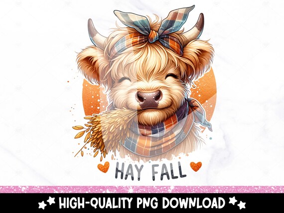 Hay Fall Highland Cow PNG, Cute Heifer Cow Sublimation Design, Halloween DTF Transfer, Autumn Cow Tshirt Clipart, Tumbler Wrap, Mug, Sticker