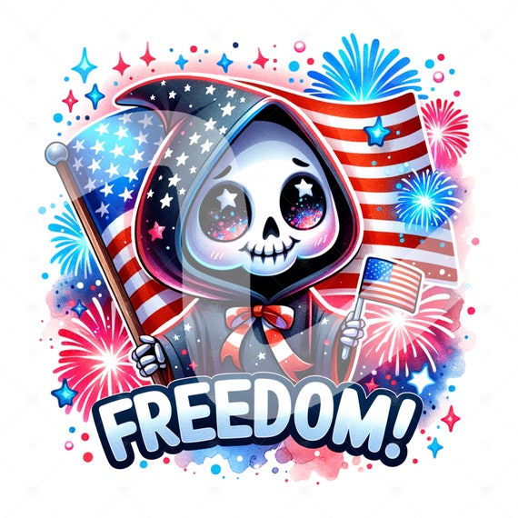 Freedom Skeleton PNG, Patriotic Grim Reaper Clipart, Spooky July 4th Sublimation Design, 4th of July DTF File, Trendy Shirt, Mug, Sticker