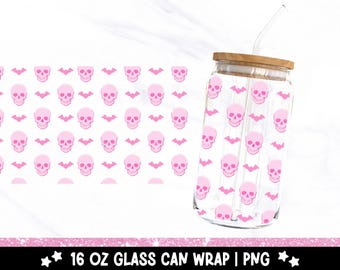 Girly Skull Glass Can Wrap: Spooky Coquette UV DTF Design (PNG Digital Download)