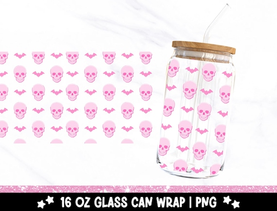 Cute Girly Skulls 16oz Glass Can Wrap, Spooky Coquette Skeleton UV DTF Sublimation Design, Trendy Glass Jar Template Tumbler Libbey Wrap PNG