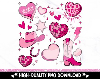 May include: Pink and white graphic design elements with hearts, stars, a cowboy hat, a boot, and the text "XOXO!"