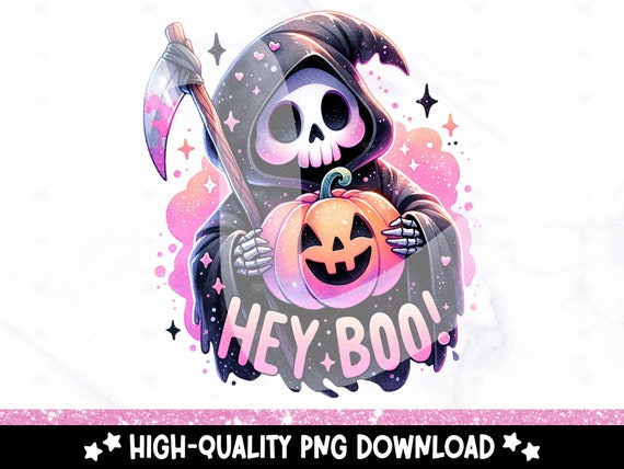 Hey Boo PNG, Cute Pastel Halloween Clipart, Grim Reaper Sublimation Design, Spooky Skeleton Png, Trendy Halloween UV DTF, Funny Halloween
