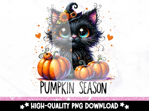 Pumpkin Season PNG, Cute Halloween Cat Clipart, Spooky Black Cat Sublimation Design, Autumn DTF Transfer Design, Fall Tshirt, Tumbler Wrap