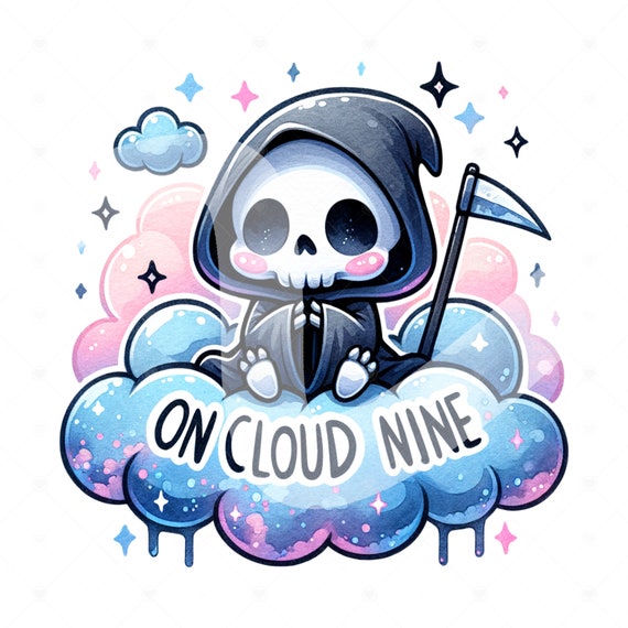 On Cloud Nine PNG, Aesthetic Grim Reaper Clipart, Spooky Sublimation Design, Happy Skeleton DTF Transfer File, Snarky Tshirt Design, Wrap