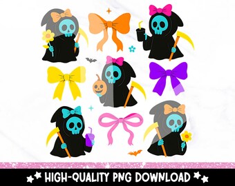 Neon Grim Reaper Bow PNG: Coquette Halloween Clipart (Digital Download