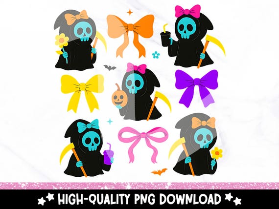 Neon Grim Reaper Bow PNG, Cute Coquette Halloween Clipart, Preppy Skeleton Sublimation Download, Retro Girly Halloween Design, Spooky PNG