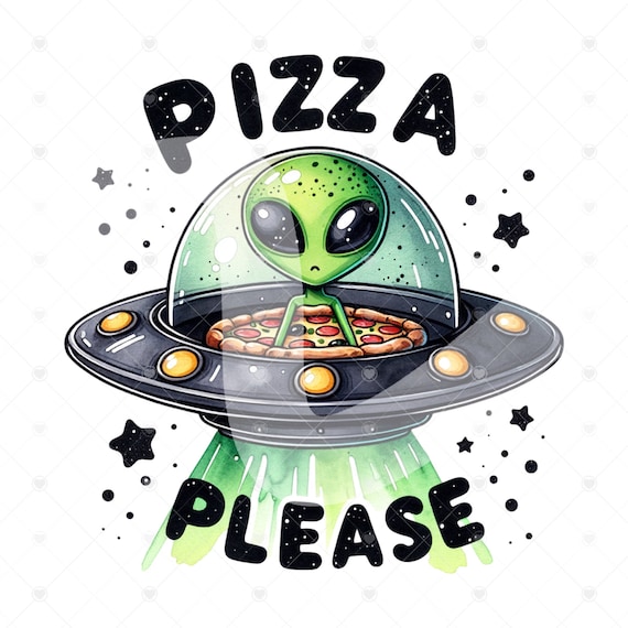 Cute Alien UFO PNG, Alien Pizza Abduction Clipart, Funny Clipart, Trippy Alien Clipart, Alien Shirt Design, Outer Space Glass Jar File