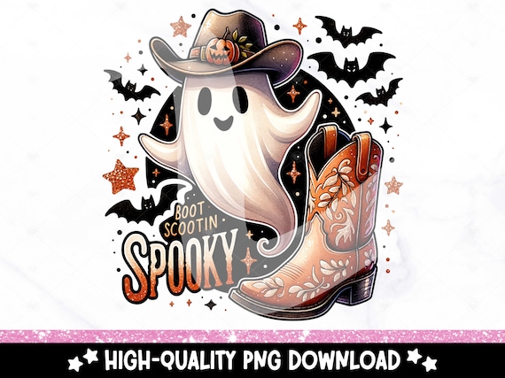 Boot Scootin Spooky PNG, Western Ghost Halloween Sublimation, Retro Cowboy Ghost DTF Transfer, Spooky Shirt Design, Sublimation, Tumbler