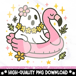 Op de afbeelding: Een illustratie van een witte geest met een bloemenkrans, drijvend op een roze flamingo zwemband. Het ontwerp bevat gele sterren, bloemen en groene bladeren, met de tekst "HIGH-QUALITY PNG DOWNLOAD".