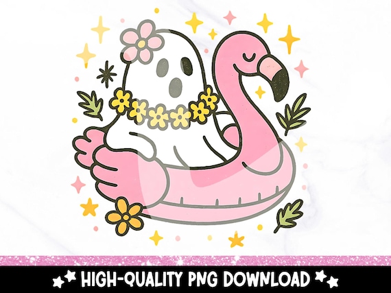 Cute Summerween Ghost PNG, Girly Ghost in Flamingo Pool Float Clipart, Trendy Pink Summer Halloween Sublimation Design, Spooky Summer PNG