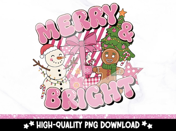 Retro Merry & Bright PNG: Preppy Coquette Christmas Clipart (Digital Download)