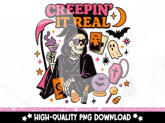 Creepin It Real PNG, Grim Reaper Clipart, Spooky Halloween Sublimation, Cute Gothic Skeleton Design, Retro Witchy PNG Download
