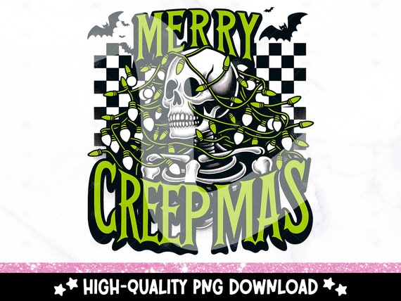 Merry Creepmas Neon Christmas PNG, Spooky Season Retro Skeleton PNG, Funny Hallowthanksmas Clipart, Checkered Christmas Sublimation Design