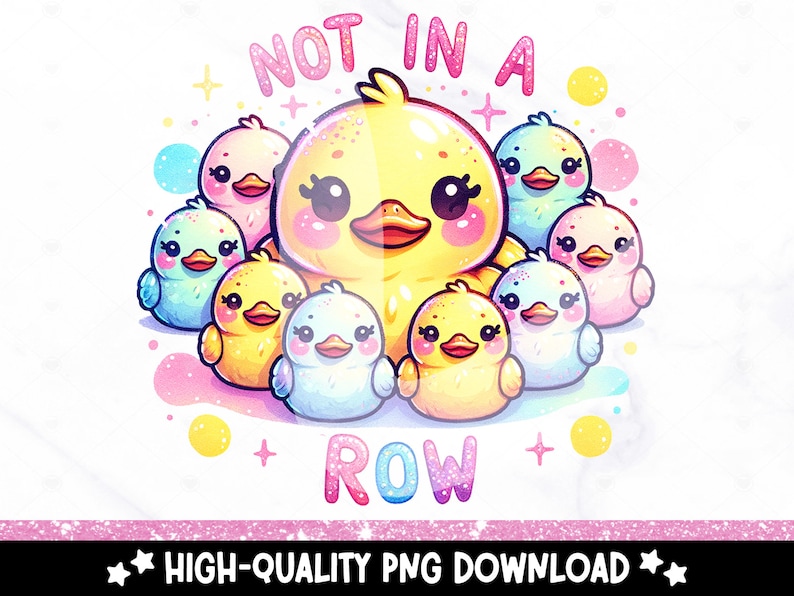 Puede incluir: Un pato de goma amarillo con un lazo rosa y ojos grandes rodeado de seis patos m&aacute;s peque&ntilde;os de diferentes colores. El texto "NOT IN A ROW" est&aacute; escrito en letras rosas y blancas.