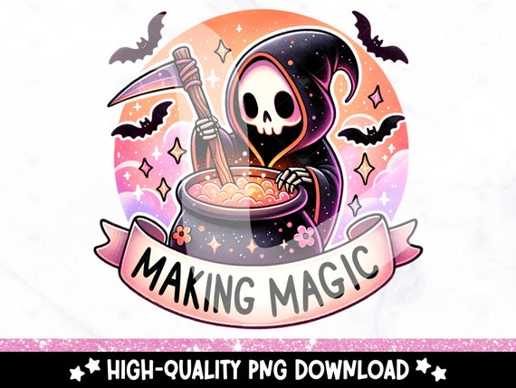 Halloween Magic PNG, Skeleton Cauldron Sublimation Design, Funny Halloween Digital Download, Grim Reaper DTF Transfer, Tshirt, Mug, Tumbler
