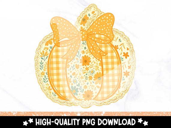 Coquette Fall Pumpkin PNG – Gingham Floral Lace Bow Clipart – Preppy Autumn Sublimation Design – Cute Rustic Shirt Download