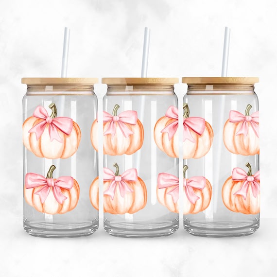Fall Coquette Libbey Glass PNG, Girly Pumpkins 16oz Glass Can Tumbler Sublimation Design, Halloween Bows PNG, Coffee Libby Cup Download