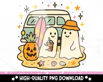 Summerween Ghost PNG: Retro Surfing Hippie Halloween Clipart (Digital Download
