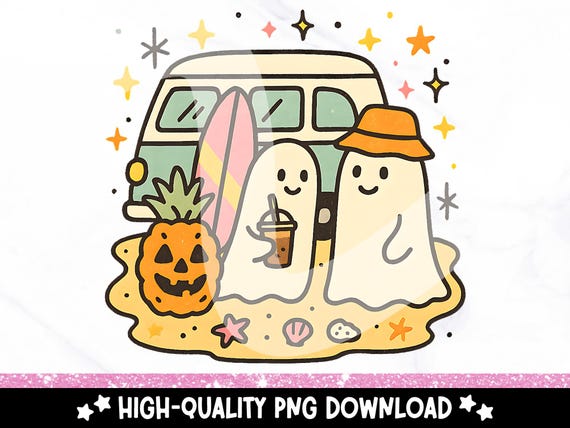 Cute Summerween Ghost PNG, Retro Hippie Surfing Ghosts Clipart, Trendy Summer Halloween Sublimation Design, Spooky Summer PNG SVG