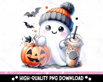 Cute Fall Ghost PNG, Halloween Coffee Clipart, Spooky Sublimation Tshirt PNG, Coffee Lover Uv DTF Transfer Design, Pumpkin Tumbler Wrap, Mug