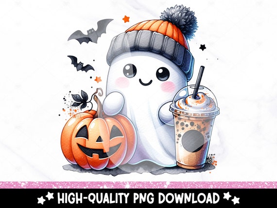 Cute Fall Ghost PNG, Halloween Coffee Clipart, Spooky Sublimation Tshirt PNG, Coffee Lover Uv DTF Transfer Design, Pumpkin Tumbler Wrap, Mug