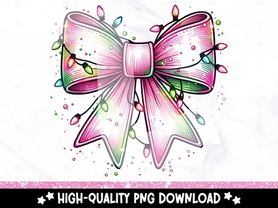 Coquette Pink Bow PNG, Christmas Lights Sublimation Design, Trendy Digital Download, Girly Holiday DTF Transfer, Tshirt, Mug, Tumbler Wrap
