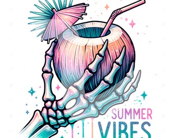 Summer Vibes PNG, Spooky Summer Skeleton Clipart, Pastel Goth PNG, Tropical Drink Sublimation Design, Summer Vacation DTF File, Trendy Shirt
