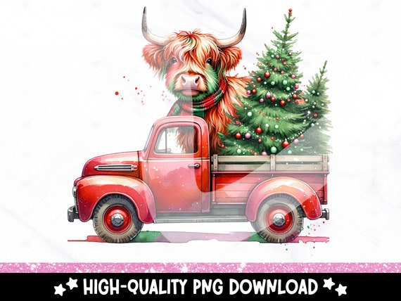 Christmas Highland Cow PNG, Vintage Red Christmas Tree Truck Clipart, Highland Cow Sublimation Design, Heifer Cow Christmas DTF Transfer