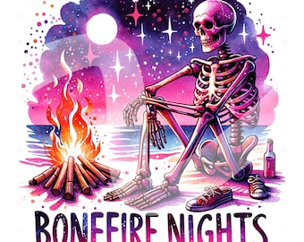 May include: A skeleton sits by a bonfire on a beach under a starry night sky. The skeleton is wearing a pair of sneakers and has a bottle of liquid next to it. The text "BONEFIRE NIGHTS" is written below the image.