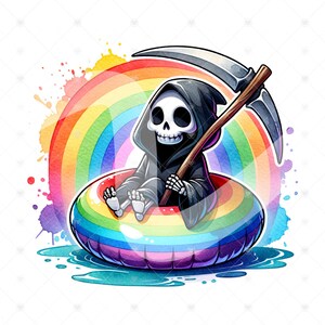 May include: A cartoon Grim Reaper wearing a black robe and holding a scythe sits in a rainbow inflatable ring floating in blue water. The background is a watercolor rainbow with colorful splatters.