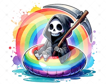 Cute Grim Reaper PNG, Spooky Summer Clipart, Rainbow Summer Png, Spooky Sublimation Design, Pastel Goth Digital Download, Printable, Tshirt