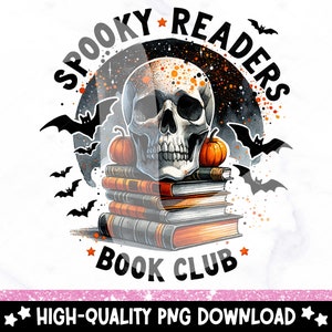 Op de afbeelding: Een griezelig boekclublogo met een schedel, vleermuizen en de tekst "Spooky Readers Book Club".
