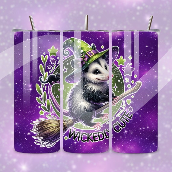 Wickedly Cute Tumbler Wrap, Halloween Opossum PNG, Funny Fall Witch Skinny 20 oz Tumbler Sublimation Design, Spooky Girly Seamless Wrap