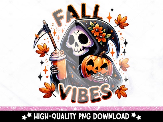 Spooky Fall Vibes PNG, Grim Reaper Shirt Sublimation Design, Halloween Tshirt PNG, Snarky Skeleton DTF Transfer, Pumpkin Season Clipart, Mug