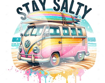 May include: A colorful vintage van with a surfboard on top, driving on a beach with the words "STAY SALTY" above it. The van is painted in shades of pink, yellow, and orange, with a white roof and a white VW logo on the front.