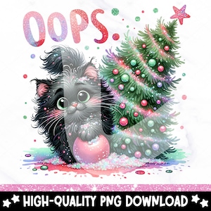 面白いクリスマス猫 PNG、黒猫昇華デザイン、クリスマスツリーのクリップアート、かわいいクリスマス猫 DTF 転送、クリスマス ライト PNG、マグカップ、ラップ