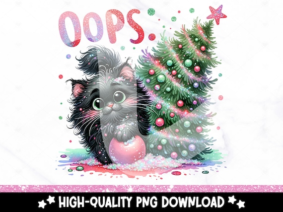 Funny Christmas Cat PNG, Black Cat Sublimation Design, Christmas Tree Clipart, Cute Xmas Cat DTF Transfer, Christmas Lights PNG, Mug, Wrap