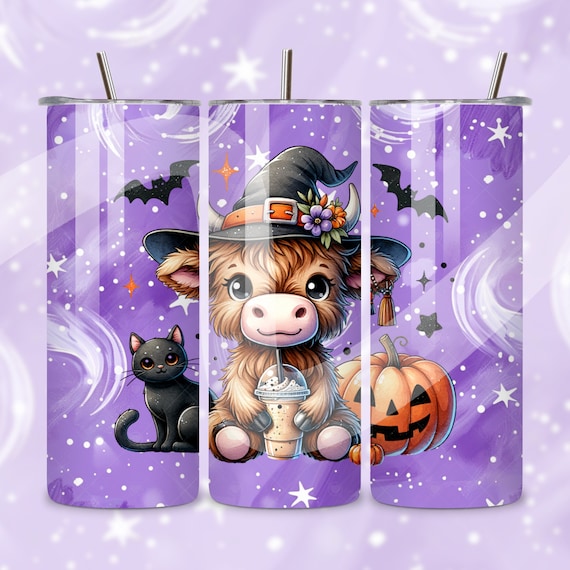 Halloween Highland Cow Tumbler Wrap, Funny Fall Heifer Cow PNG, Witch Skinny 20 oz Tumbler Sublimation, Spooky Cute Tumble Design, Black Cat