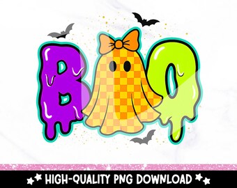 Retro Neon Halloween Ghost PNG: Preppy Checkered Clipart (Digital Download