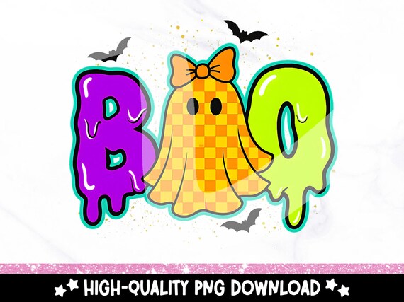 Neon Retro Halloween Ghost PNG, Preppy Checkered Boo Ghost Clipart, Coquette Spooky Season PNG, Cute Ghost Sublimation Design