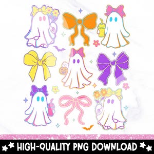 Clipart di fiocco fantasma al neon, PNG di Halloween per ragazze (download digitale)
