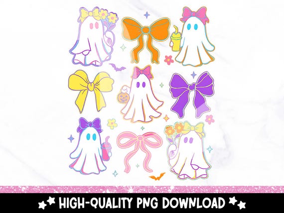 Neon Ghost Bow PNG, Cute Coquette Halloween Clipart, Preppy Ghost Sublimation Download, Retro Girly Halloween Design, Spooky Ghost PNG