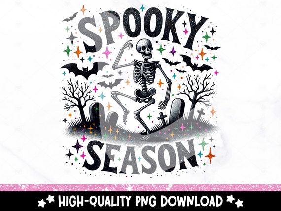 Spooky Season PNG, Cute Halloween Clipart, Spooky Skeleton Sublimation Design, Dancing Skeleton Graveyard DTF Transfer Design, Tumbler Wrap
