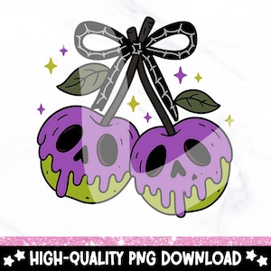 May include: A digital illustration of two purple apples with skull faces, green and yellow dripping edges, and a black bow. The apples are connected by a stem with leaves, and surrounded by star shapes. The image has the text "HIGH-QUALITY PNG DOWNLOAD".