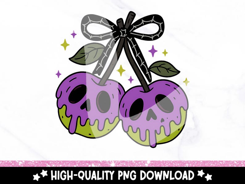 May include: A digital illustration of two purple apples with skull faces, green and yellow dripping edges, and a black bow. The apples are connected by a stem with leaves, and surrounded by star shapes. The image has the text "HIGH-QUALITY PNG DOWNLOAD".