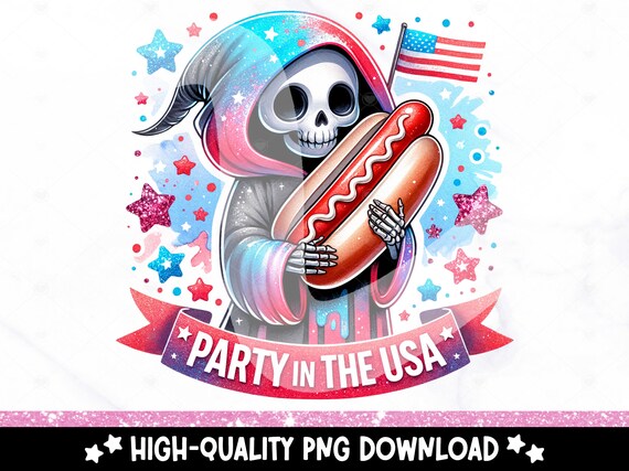 Party in the USA Clipart, Funny Patriotic Grim Reaper PNG, July 4th Hotdog DTF Transfer, Fourth of July Tshirt Design, Mug, Tumbler Wrap