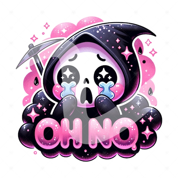 Oh No Spooky Grim Reaper Clipart, Depressed Skeleton PNG, Sad Skellie DTF Sublimation Design, Pastel Goth T-Shirt Design, Mug, Tumbler Wrap